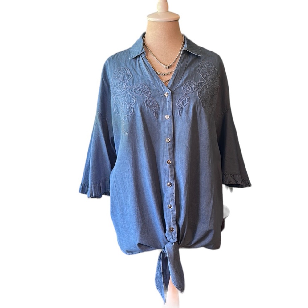 Easel Embroidered Denim/Chambray Ruffled Sleeve Blouse